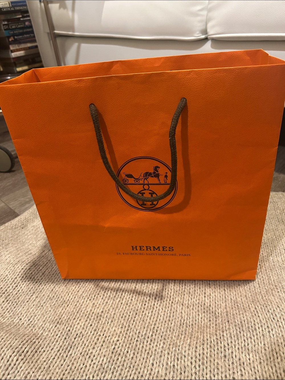 Hermes Luxury Medium Orange Paper Gift Bag W/Brown Rope Handles / Authentic